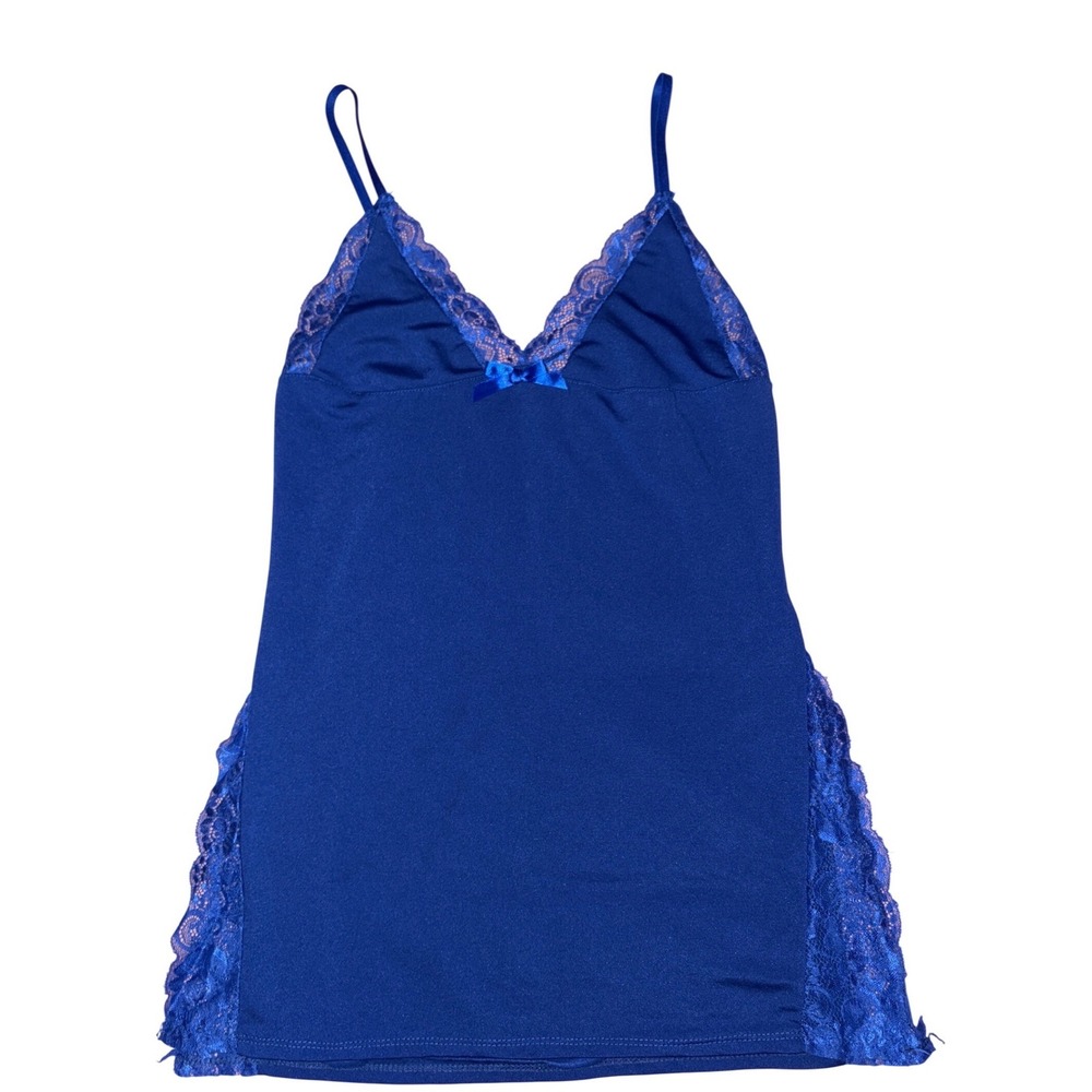 NEW Women Blue Lace Trim Babydoll Lingerie High Slit, Size M